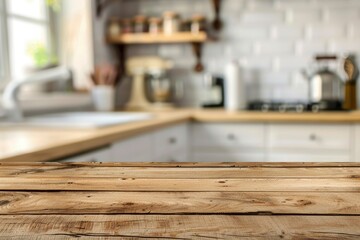 Wood table top on blur kitchen counter (room)background.For montage product display or design key visual layout - generative ai