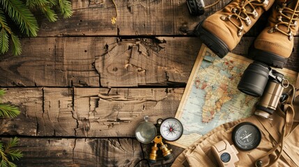 A pair of hiking boots, binoculars, a compass, and a map are displayed on a rustic wooden table in a landscape painting featuring plants and trees AIG50
