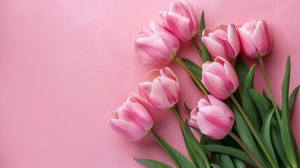 A cluster of vibrant pink tulips laid out beautifully against a soft pink background, highlighting their delicate texture.