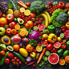 Fruits and vegetables background. Healthy food concept. Top view.