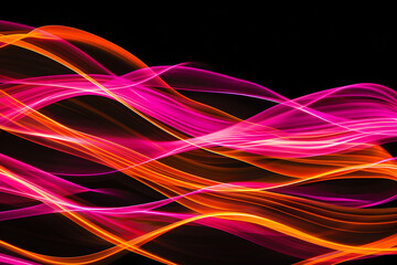 Captivating hypnotic neon waves in pink and orange. Abstract art on black background.