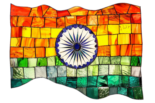 india flag made of stained glass, isolated PNG, white background