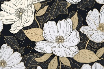 white flowers with gold leaves on a black background.