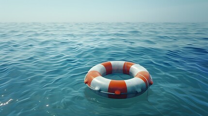 Naklejka premium A life ring floating on the ocean, representing an emergency survival tool for ship crew members in need of help. Web banner with empty space