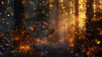Fototapeta premium A mystical firefly forest where the glowing insects use their fiery powers to heal the land and its inhabitants from the devastating . .