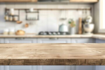 Wood table top on blur kitchen counter (room)background.For montage product display or design key visual layout - generative ai