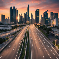 Fototapeta premium Asphalt highway and skyline with modern buildings at sunset