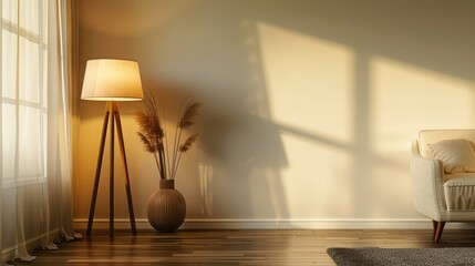 Craft an image of luminosity in a room where two lamps, one on a wooden floor and another with a...
