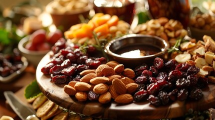 A platter of dried fruit and nuts as a starter served with artisanal crackers and y dips. - obrazy, fototapety, plakaty