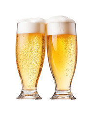 Two glasses of fresh, frothy beer, isolated on a transparent background. Generative AI
