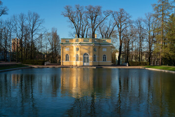 View of the pavilion Upper Bath in the Catherine Park of Tsarskoye Selo on a sunny spring day,...