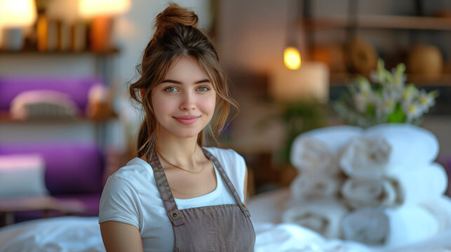 portrait of young caucasian woman with hotel housekeeping uniform, 5 star hospitality, linen service