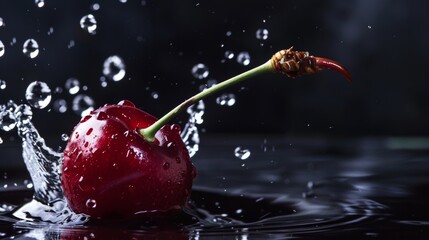 Cherry in water splash, pure red cherry in black background, fresh berries