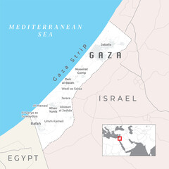Gaza Strip political map. Palestinian territory on the coast of Mediterranean Sea.