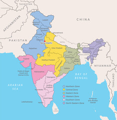 India detailed map. Zones and state, nation border with neighbouring countries