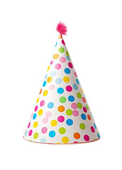 A polka-dotted party hat with a purple pom-pom on top, isolated on a transparent background, symbolizing celebration. Generative AI