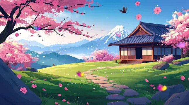 Charming House Amidst Sakura Blossoms in Serene Landscape
Seamless looping 4k time-lapse virtual video animation background. Generated AI