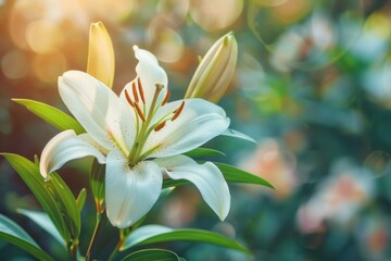Fototapeta premium A white lily flower with a green stem is in a field of green grass.