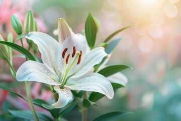 A white lily flower with a green stem is in a field of green grass.
