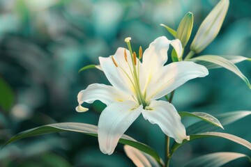 A white lily flower with a green stem is in a field of green grass.