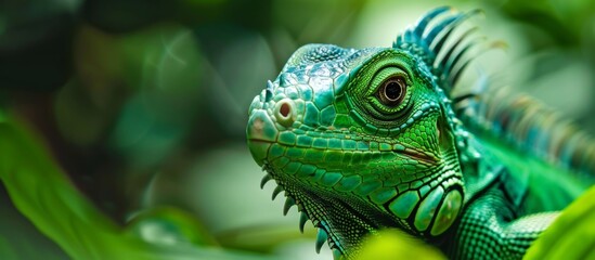 A tall giraffe peacefully sitting among lush foliage in a natural setting with a vibrant green background