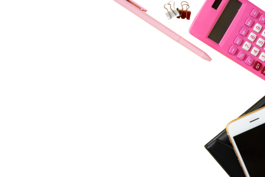 display of work desk screen with calculator, paper clip, pen, mobile phone, book and text space for business concept on white background isolated