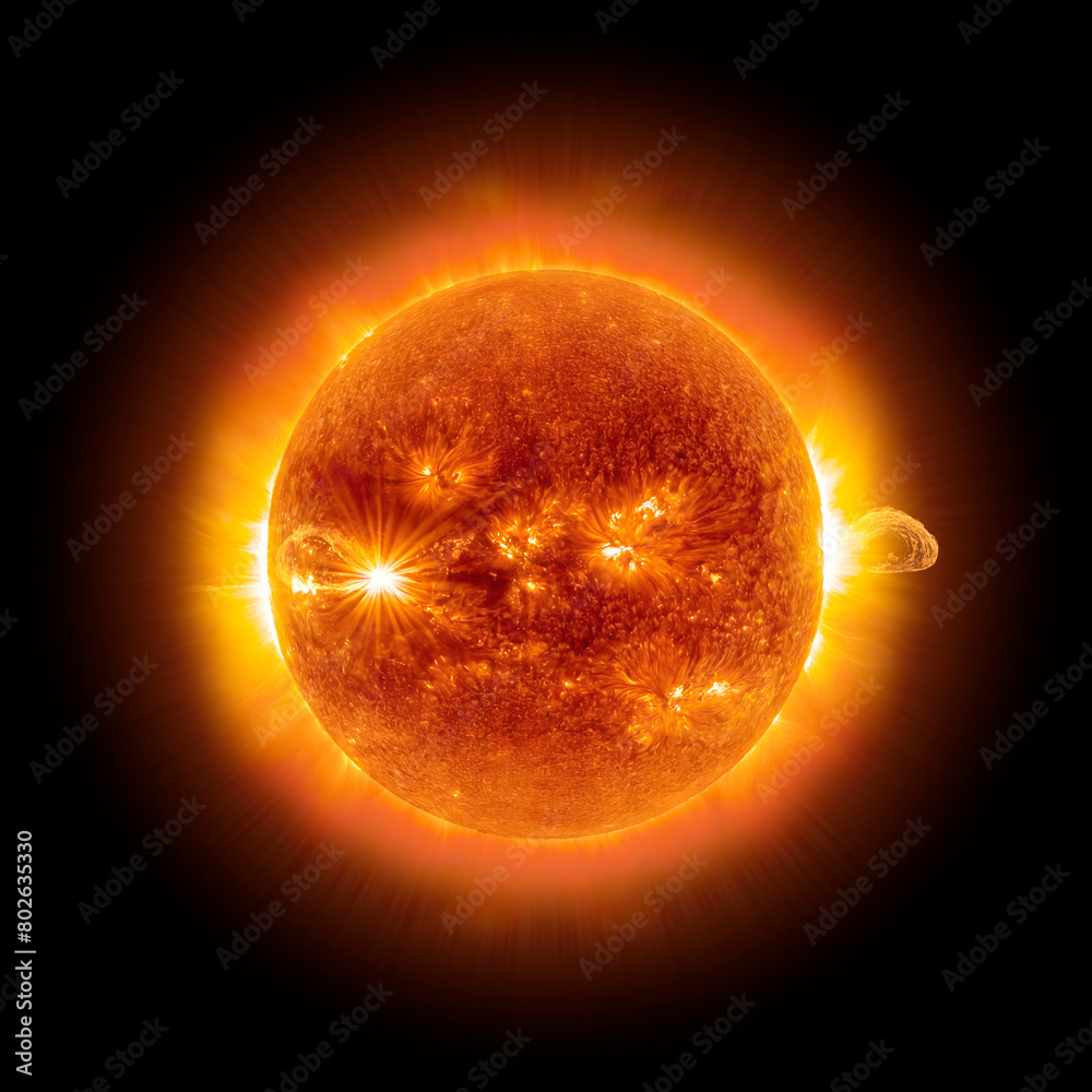 Wall mural the sun from space on a black background, realistic, ultra detailed illustration of the sun with sol