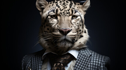 A man is wearing a suit and tie and has a leopard's face on his head