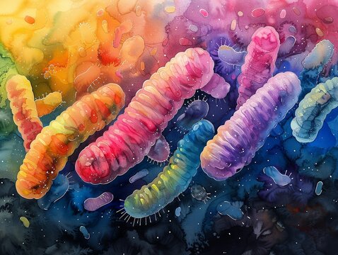 A colorful painting of a bunch of different colored worms