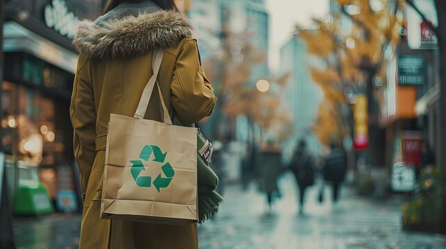 A person with a reusable eco-friendly paper bag, marked by the green recycling symbol, strides past bustling shops and trees, embodying a sustainable lifestyle focused on eco-friendly shopping 
