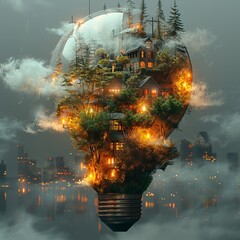 A light bulb is filled with a forest and a city