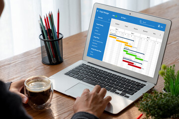 Project planning software for modish business project management on the computer screen showing...