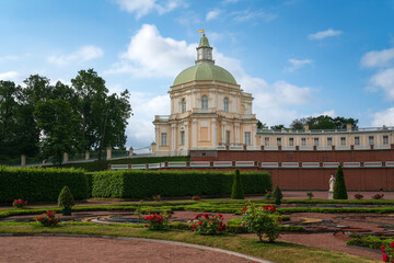 View of the side East Pavilion (Japanese Pavilion) of the Great (Menshikov) Palace in the Oranienbaum Palace and Park Ensemble on a sunny summer day, Lomonosov, Saint Petersburg, Russia