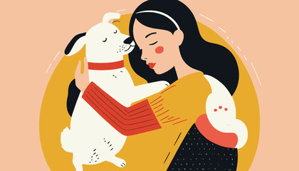 A Bond of Friendship: Minimalist Illustration of a Woman and Her Dog 