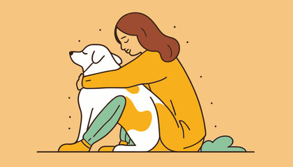 Unconditional Love: Minimalist Doodle of a Woman Embracing Her Dog