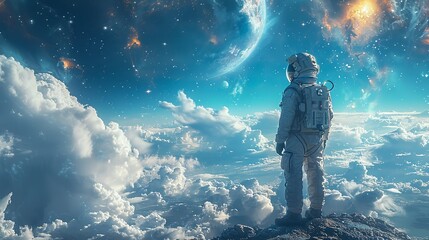 A man in a spacesuit stands on a rocky surface in the sky