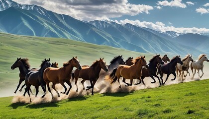 Wild Horses of Kyrgyzstan: A Breathtaking Photograph of a Galloping Herd Across a Hill