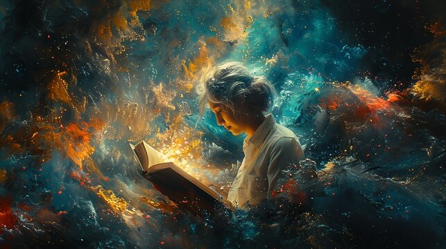 A woman is reading a book in a colorful, swirling galaxy