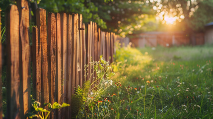 Obraz premium Wooden fence in the backyard and lawn Nice wooden fence around house.ai generative