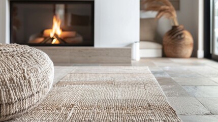 Obraz premium The soft woven rug adds texture and warmth to the cool tiled floor in front of the fireplace. 2d flat cartoon.