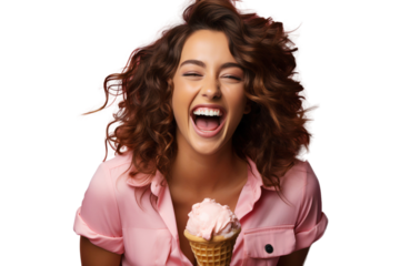 Laughing young woman eating ice cream cone, isolated on transparent background