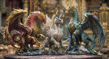 A trio of fierce and magical creatures â a griffin a dragon and a unicorn â standing in a circle around the sorcerer each one radiating . .