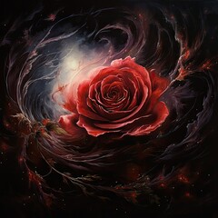 Dramatic fiery rose in dark swirling background