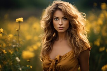 Naklejka premium Captivating portrait of a woman with flowing golden hair