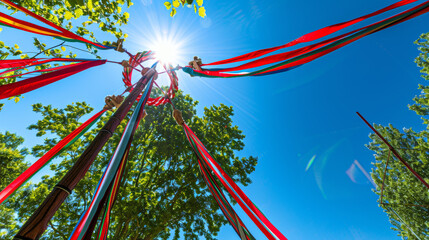 Maypole ribbon dance celebration against blue sky
