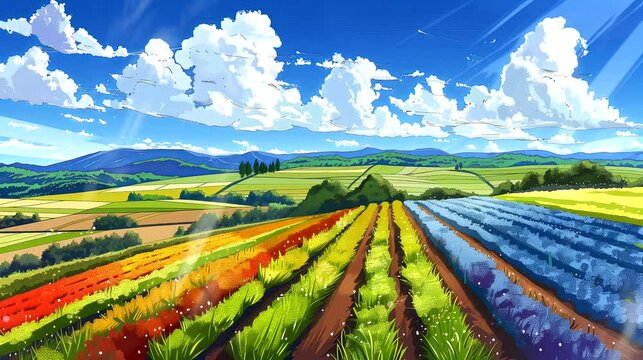 Patchwork fields in rainbow colors. Surreal concept, anime illustration style, looping 4k video animation background