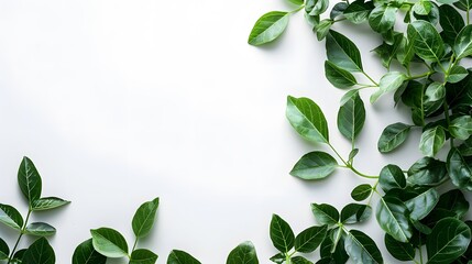 A minimalistic flat lay of green leaves on a white background, creating an elegant and natural frame for text or images. with copy space