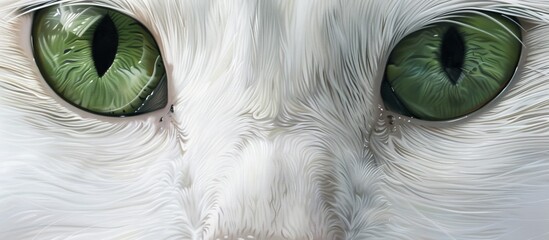 A domestic feline with captivating emerald eyes and a fluffy coat of pure white fur - obrazy, fototapety, plakaty