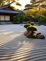 tranquil japanese garden with raked sand and bonsai trees
