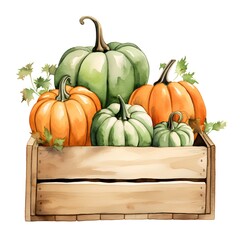 Wooden crate with pumpkins. Hand drawn watercolor illustration.